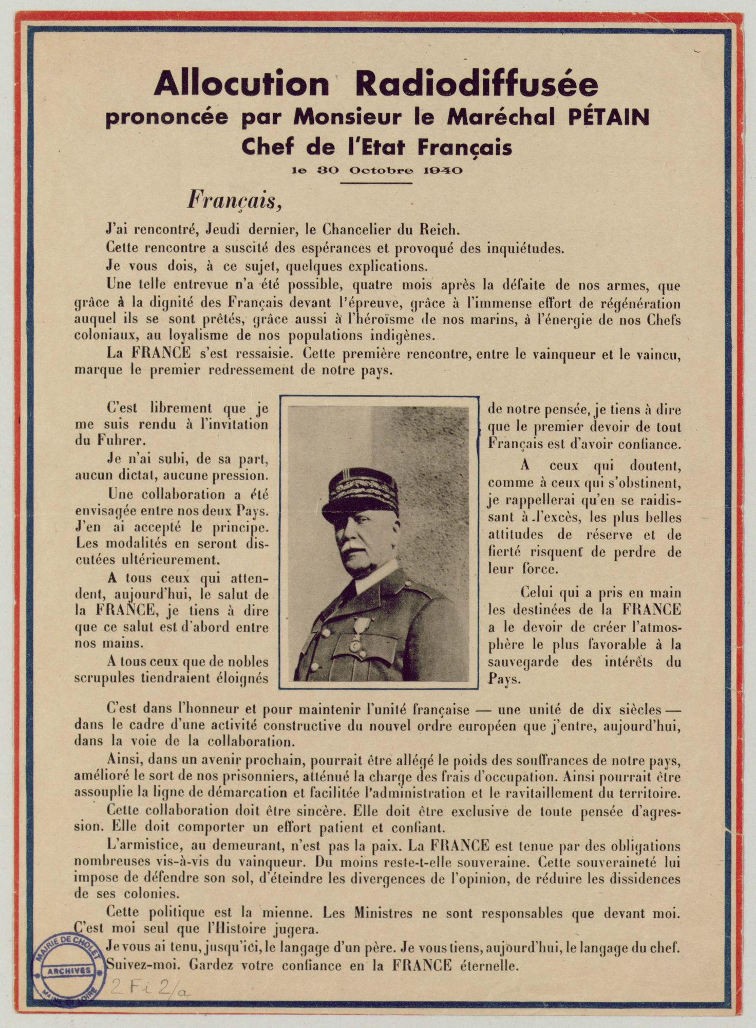2Fi2 - Allocution radiodiffusée prononcée par le Maréchal Pétain, 1940. Coll. AMC
