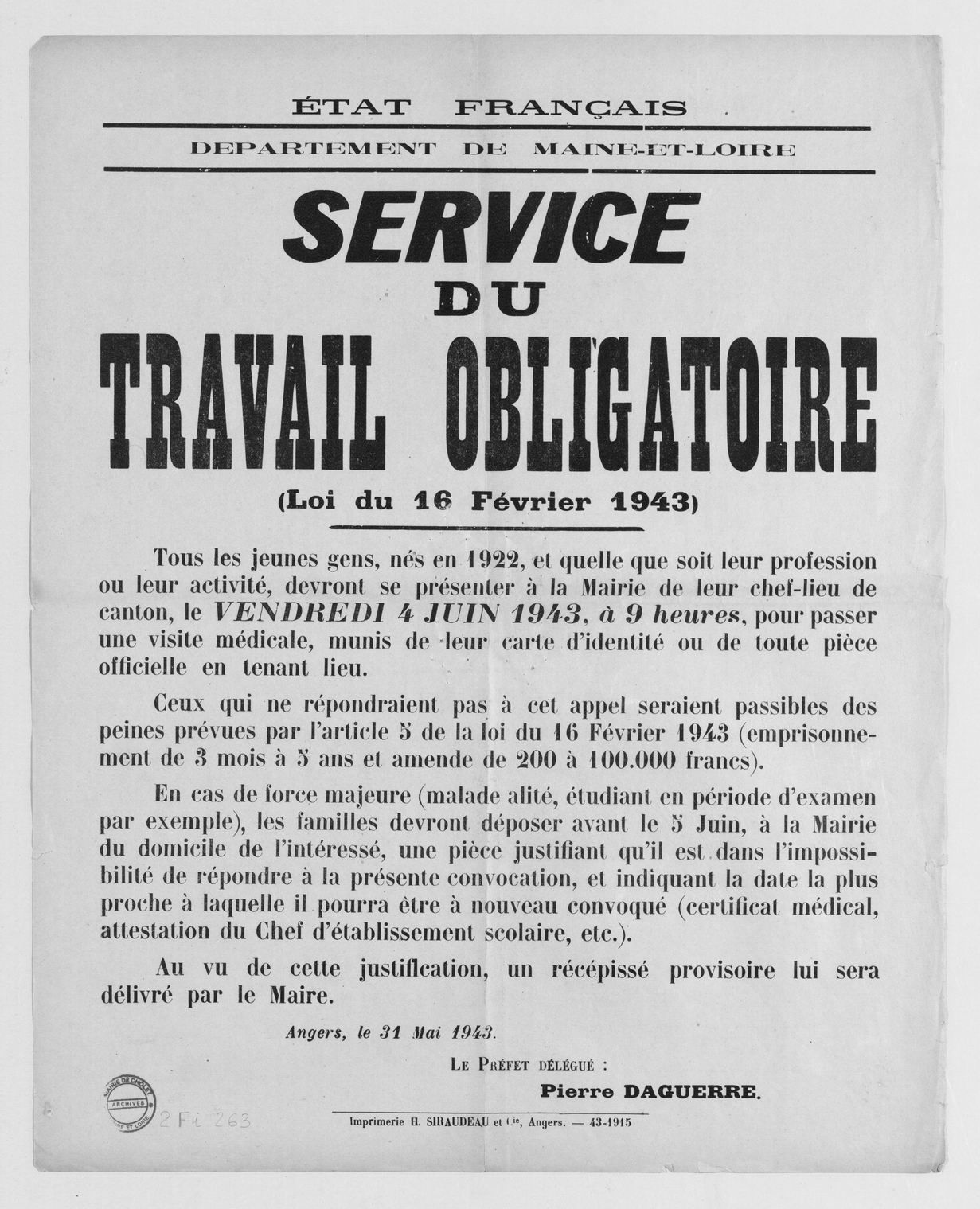 2Fi263 - Affiche du Service du Travail Obligatoire, 31 mai 1943. Coll. AMC