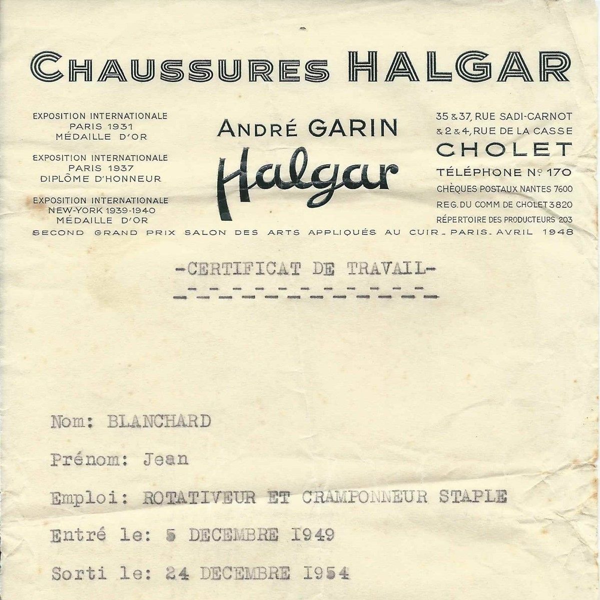 6Num55 - Lettre à en-tête de l'entreprise de chaussures Halgar, 1954. Coll. AMC