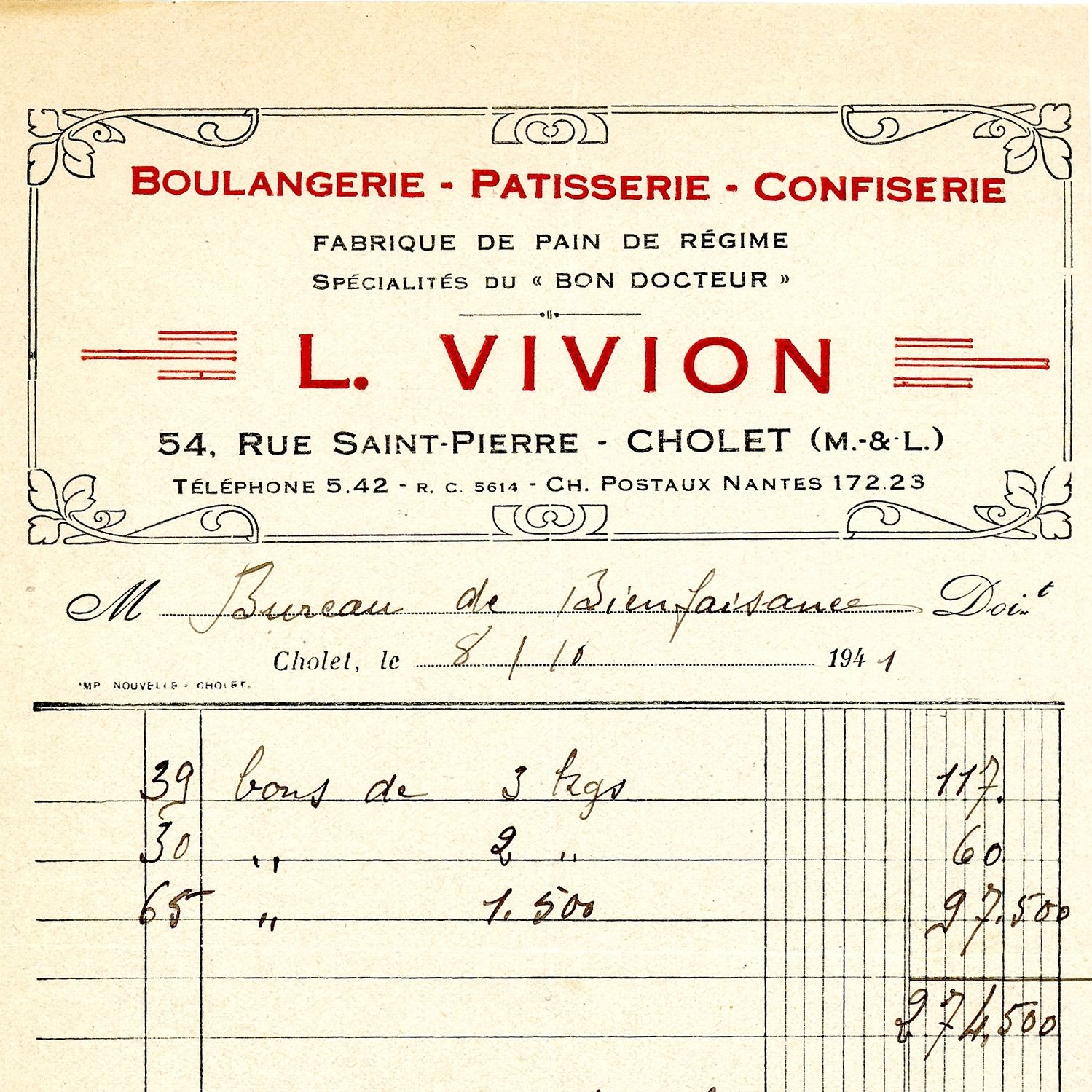 1J30/512 - Facture de la boulangerie Vivion, 1941. Coll. AMC