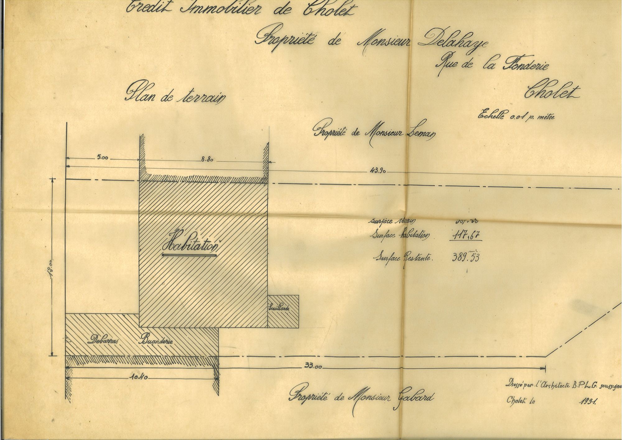 8J41 - Plan de l'architecte Charles Arnault, 1931. Coll. AMC