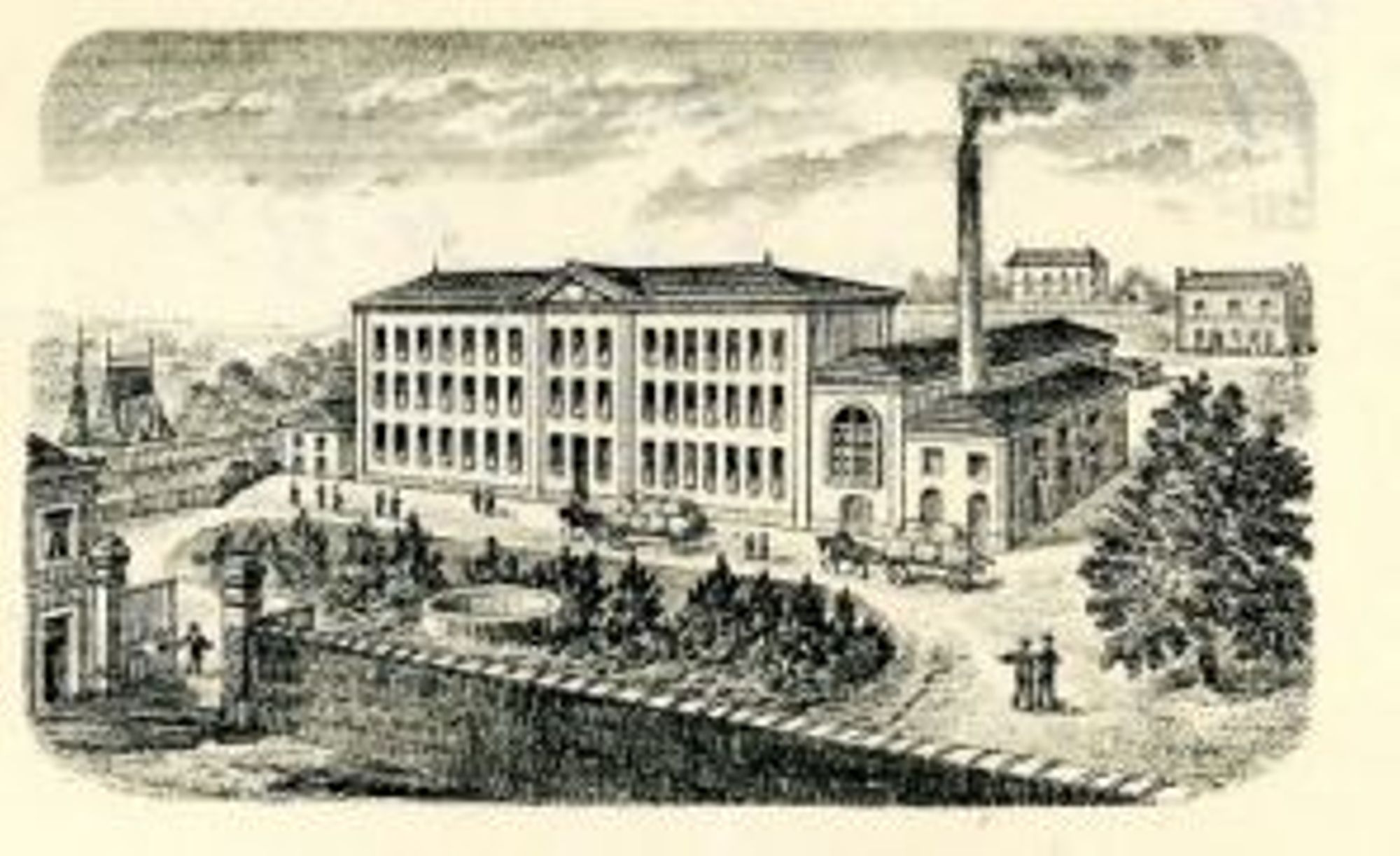 Gravure présente sur un en-tête de facture représentant une usine de tissage