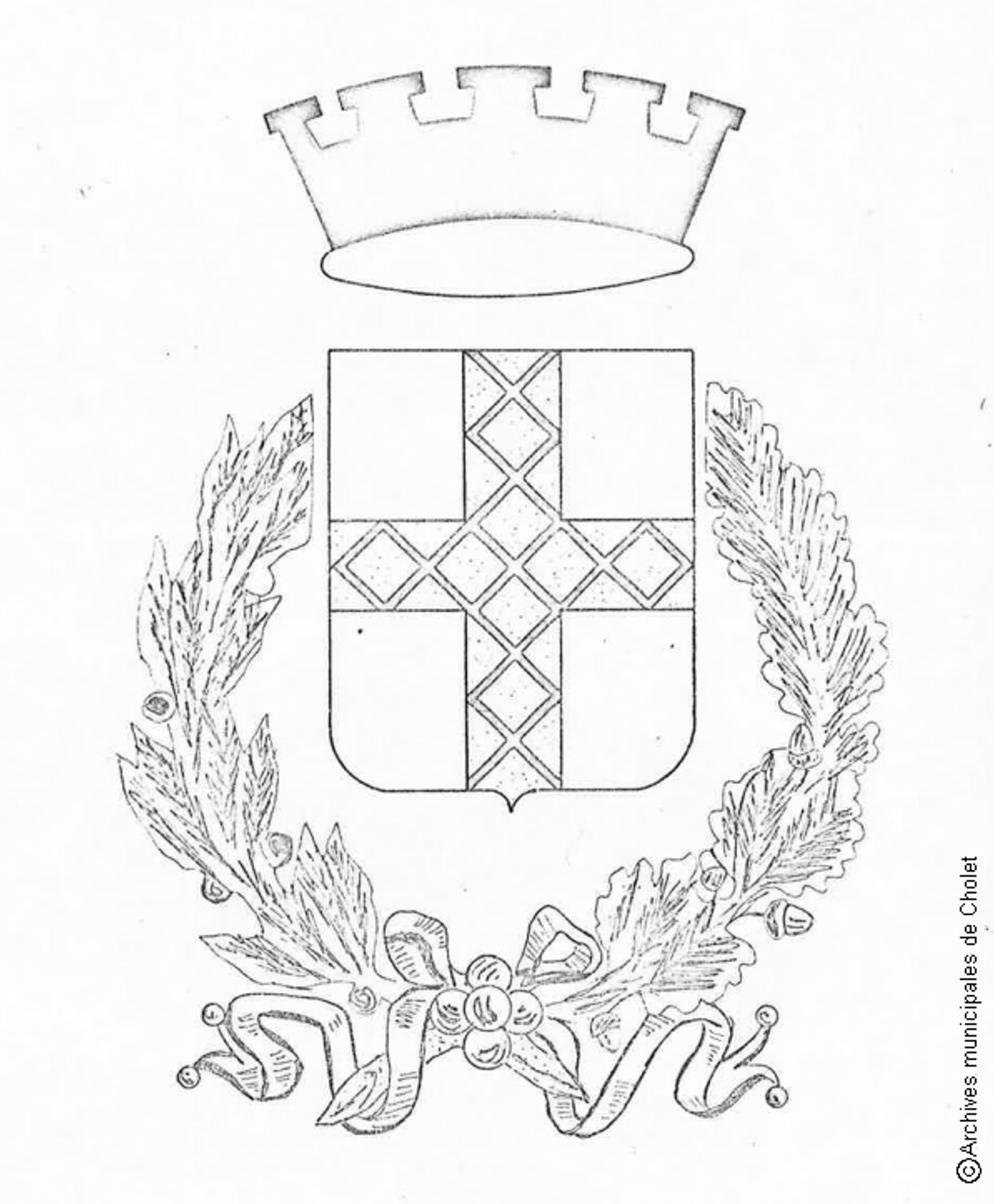 Le blason de la ville de Cholet, entouré de feuilles de laurier et avec une couronne sur le dessus