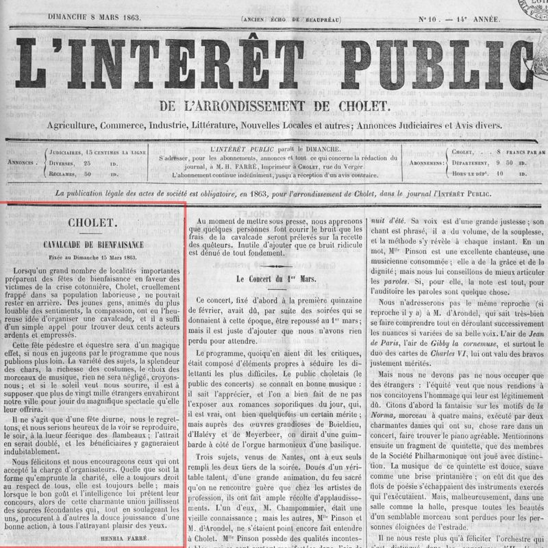 19Per - Article de presse. L'Intérêt Public. 1863