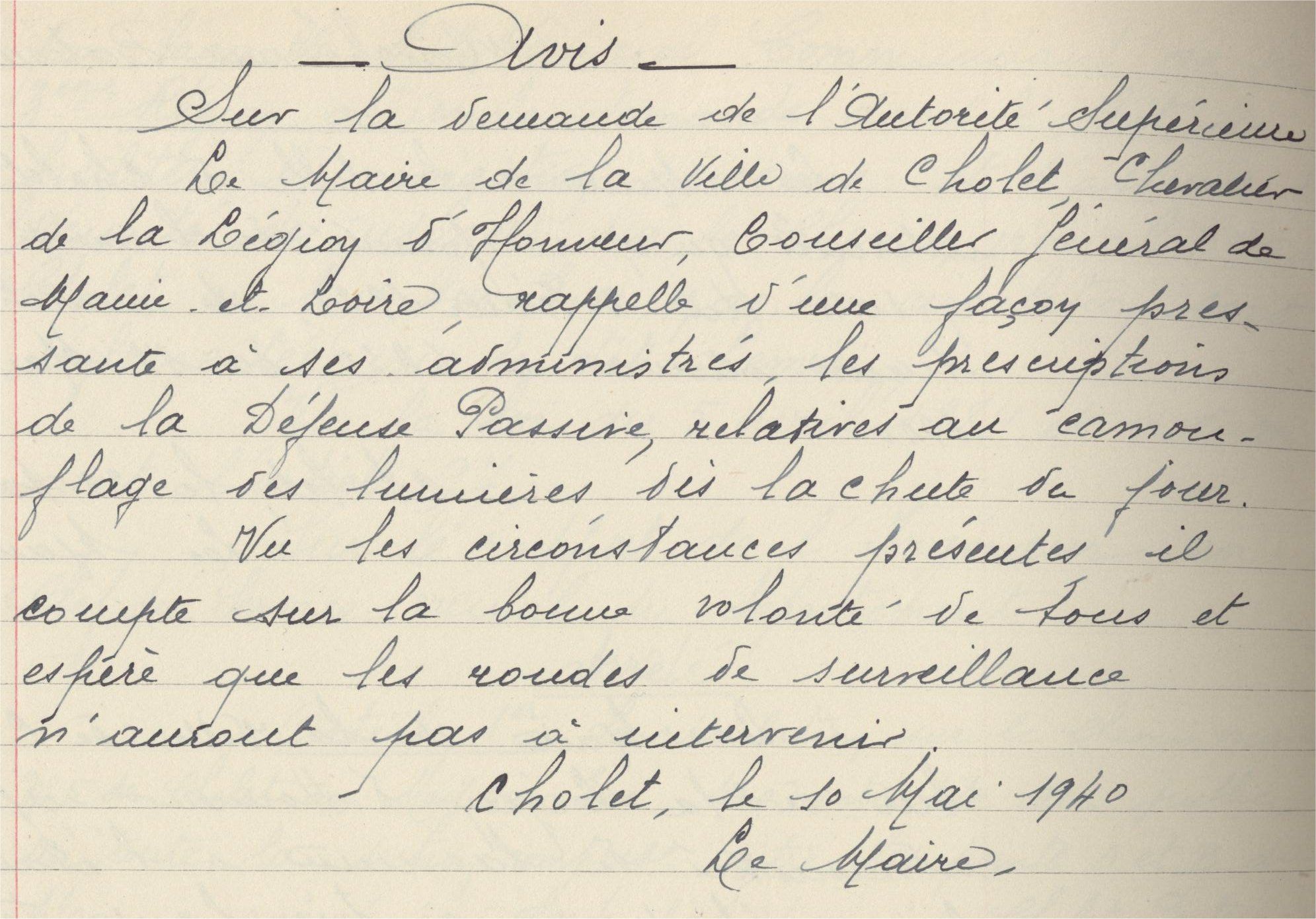 2D269 - Arrêté du Maire relatif au camouflage des lumières, 10 mai 1940. Coll. AMC