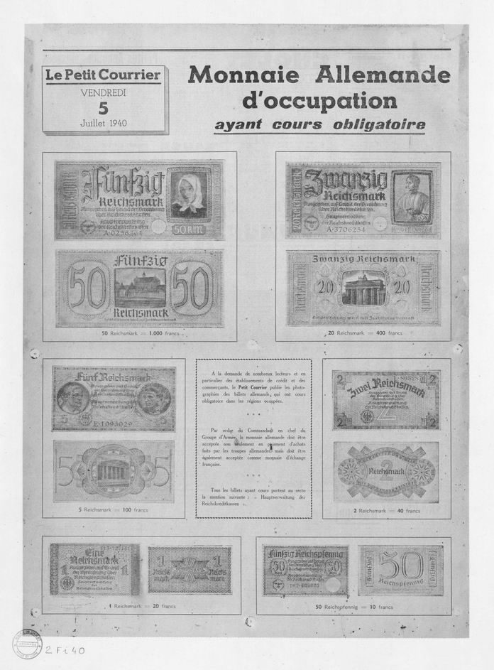 2Fi40 - Monnaie allemande ayant cours obligatoire, Le Petit Courrier, 5 juillet 1940. Coll. AMC