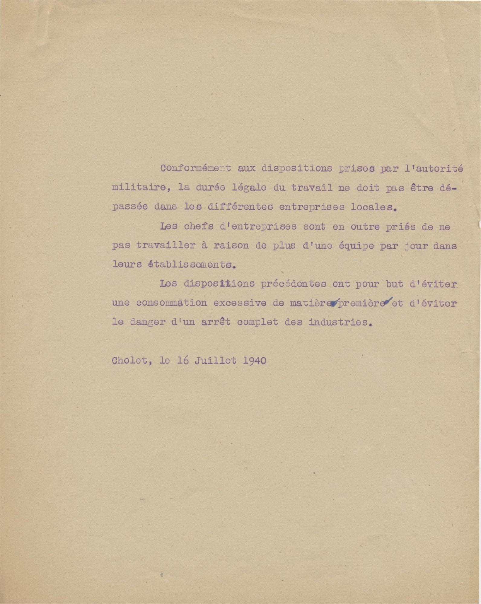 5H23 - Dispositions sur la durée légale du travail, 16 juillet 1940. Coll. AMC