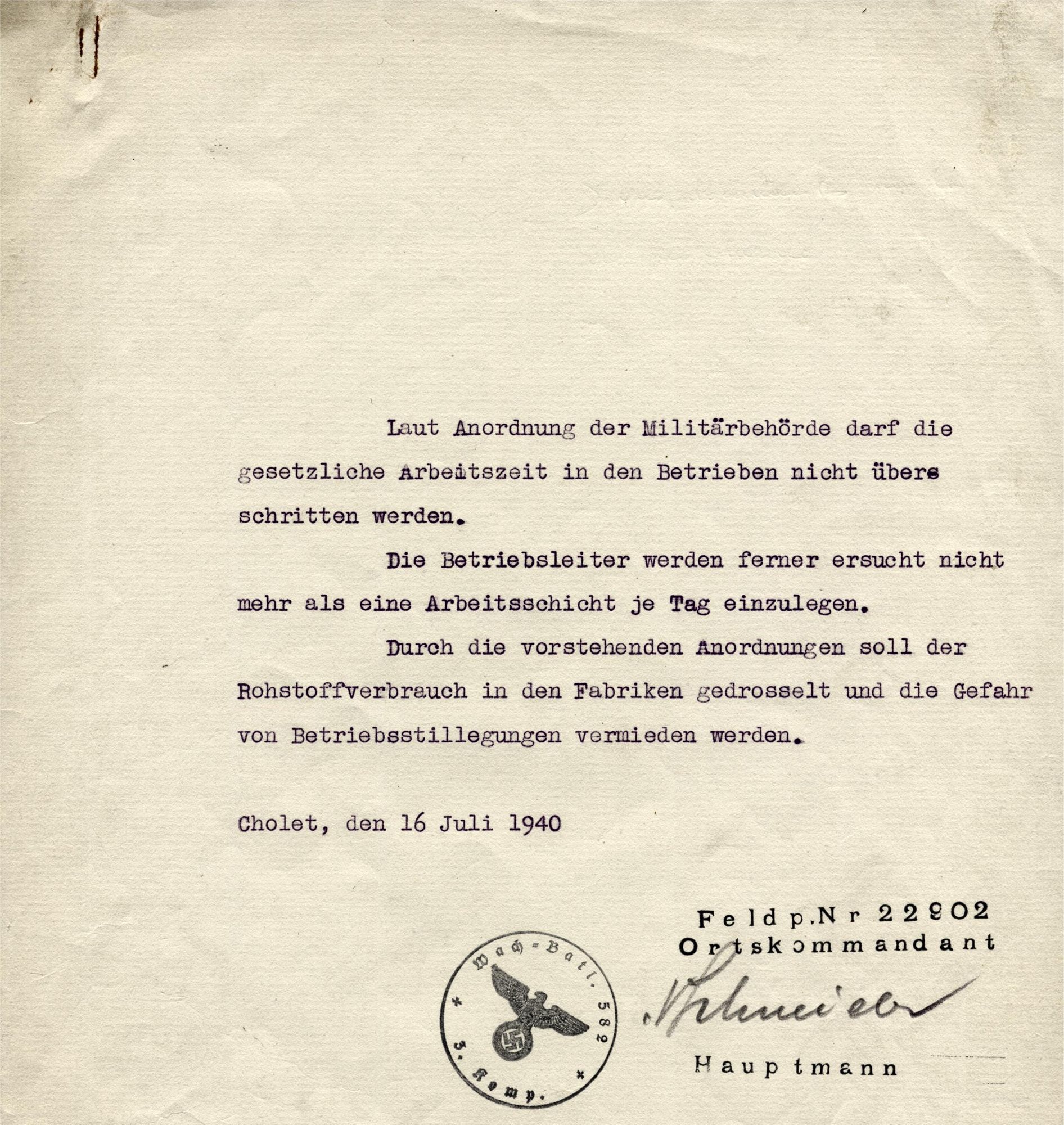 5H23 - Dispositions sur la durée légale du travail, 16 juillet 1940. Coll. AMC