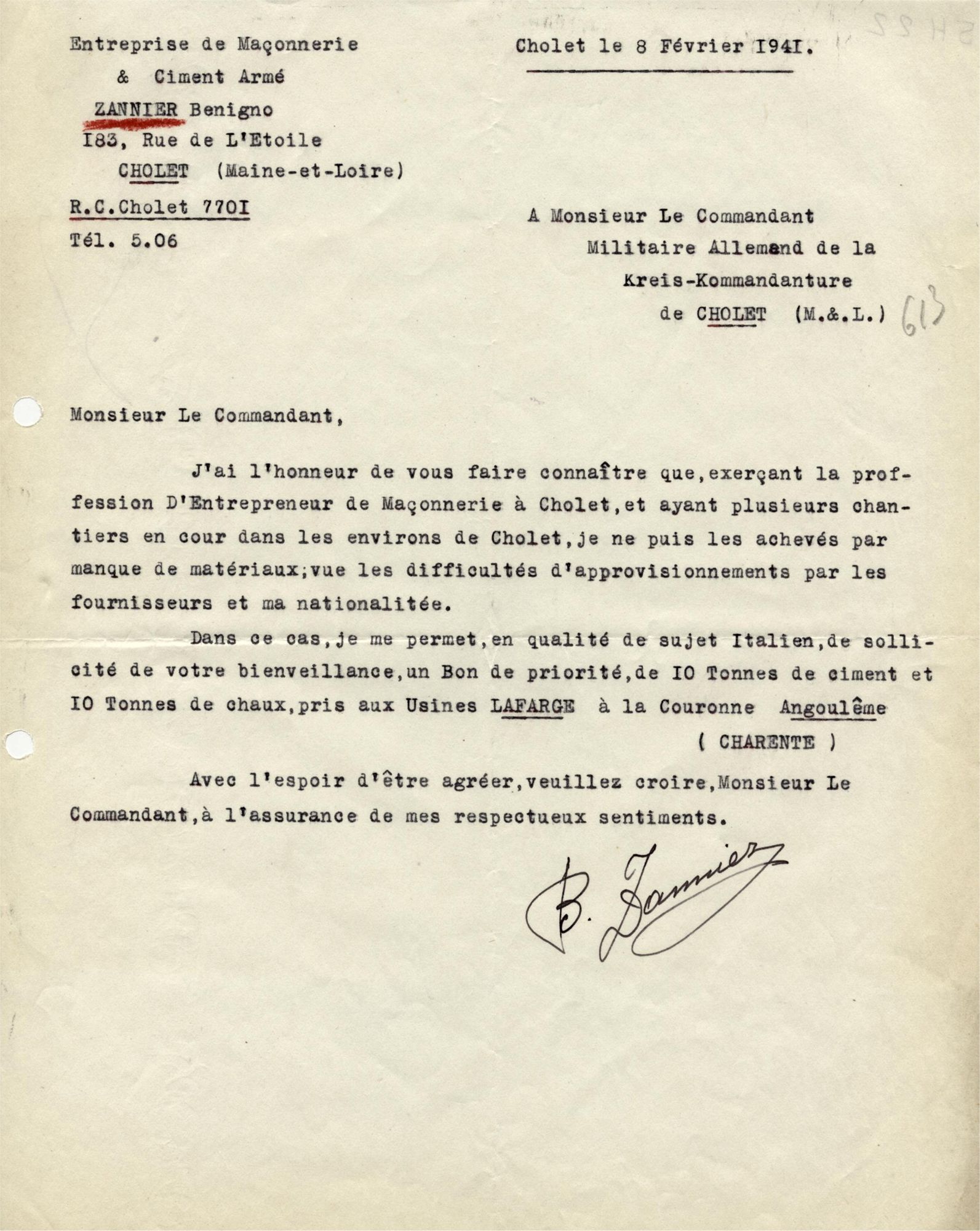 5H22 - Pénurie de ciment, 8 février 1941. Coll. AMC