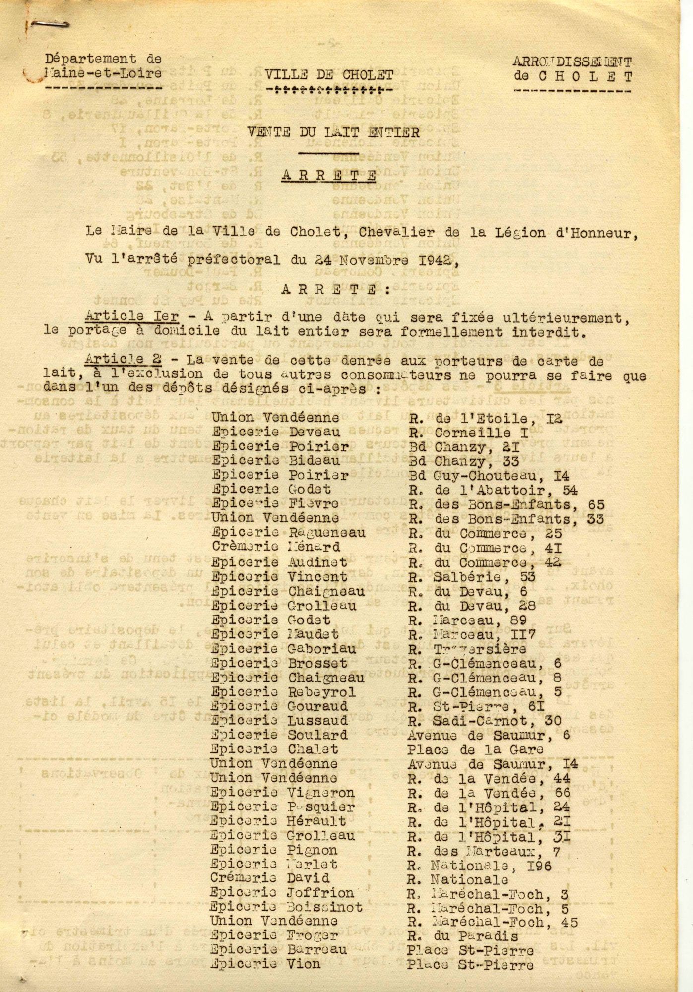 5F66 - Arrêté préfectoral relatif à la mise en place de dépôts pour la distribution du lait, 31 janvier 1943. Coll. AMC