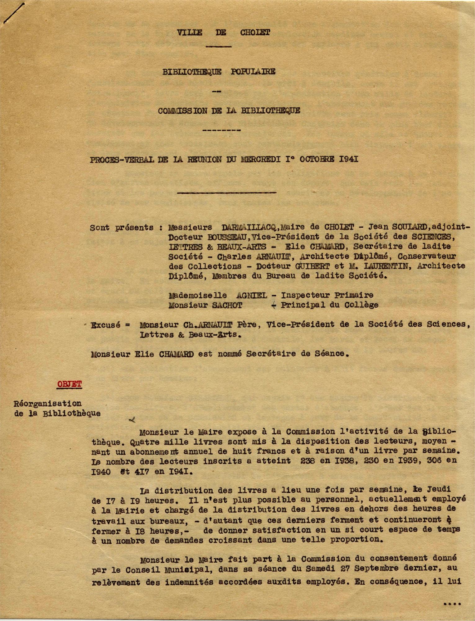 2R4 - Procès-verbal de la Commission de la bibliothèque populaire, 1er octobre 1941. Coll. AMC