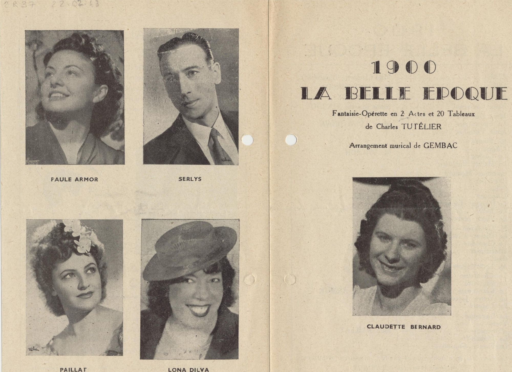 2R37 - Programme de spectacle donné au Théâtre municipal, 1943. Coll. AMC