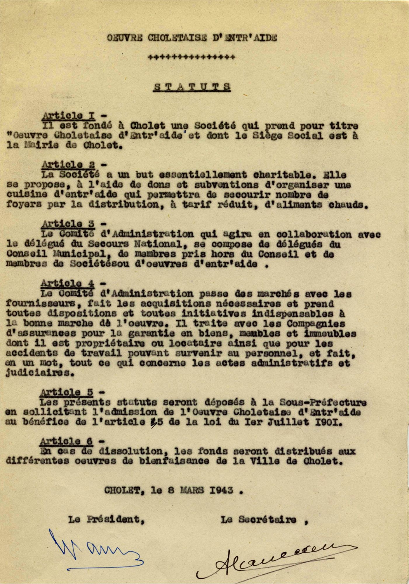 5H21 - Statuts de l'Oeuvre Choletaise d'Entr'aide, 8 mars 1943. Coll. AMC