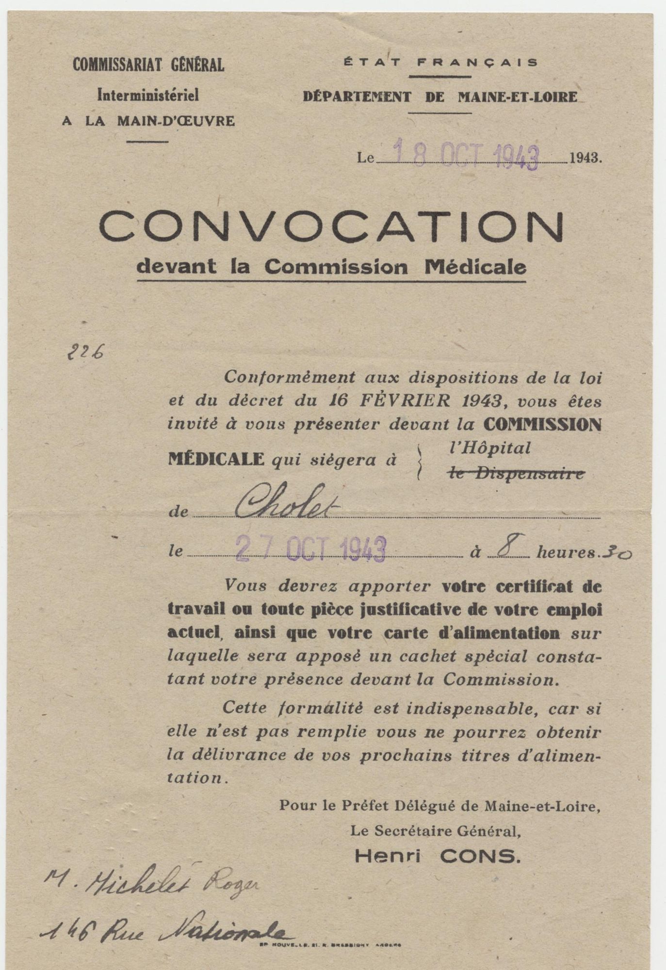 5H59 - Convocation devant la Commission Médicale, 18 octobre 1943. Coll. AMC