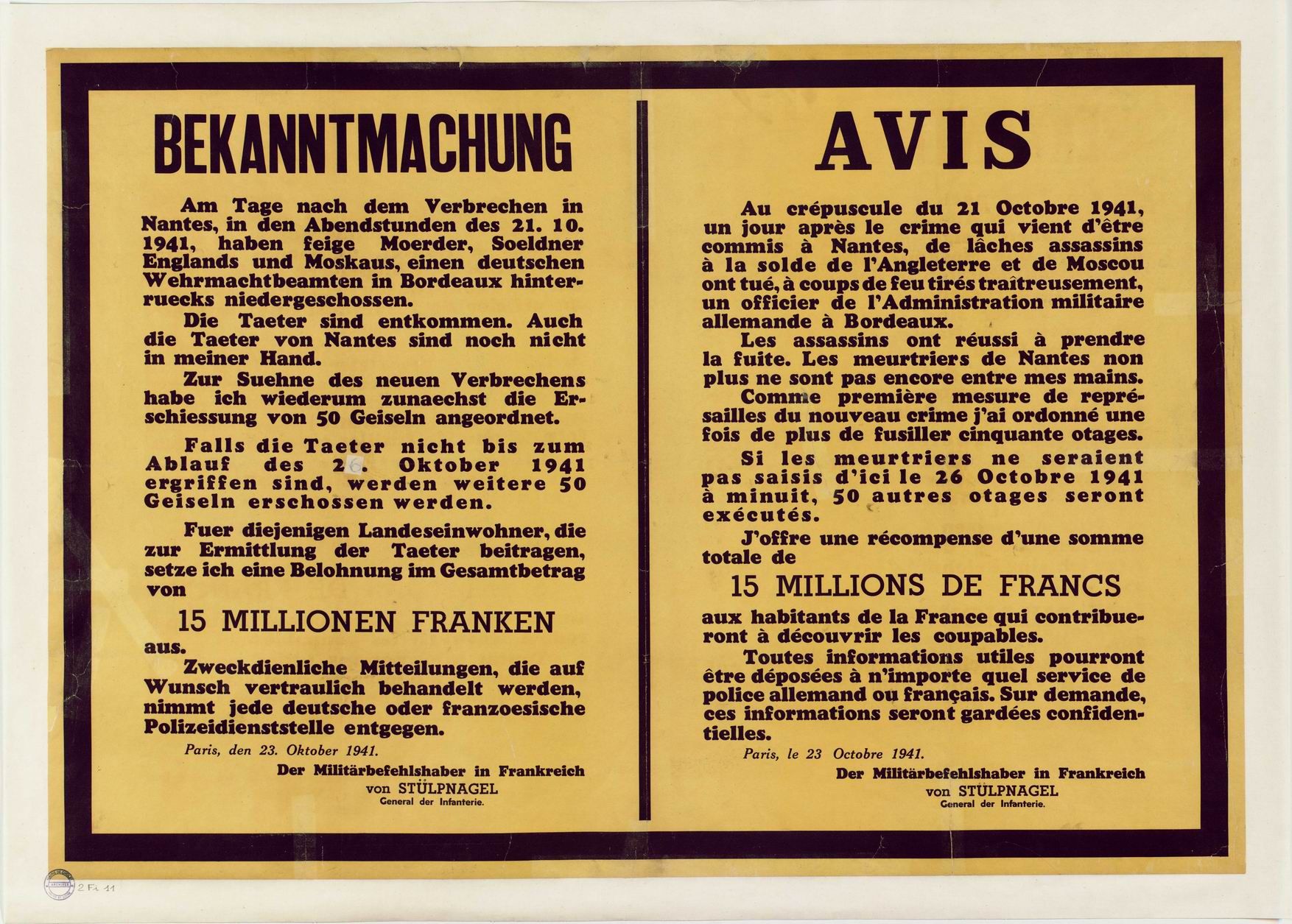 2Fi11 - Avis d'exécution d'otages, 23 octobre 1941. Coll. AMC