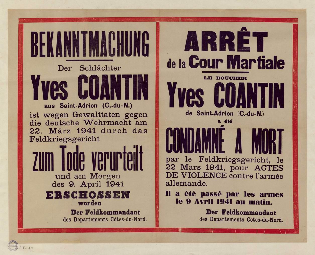 2Fi15 - Avis d'exécution, 9 avril 1941. Coll. AMC