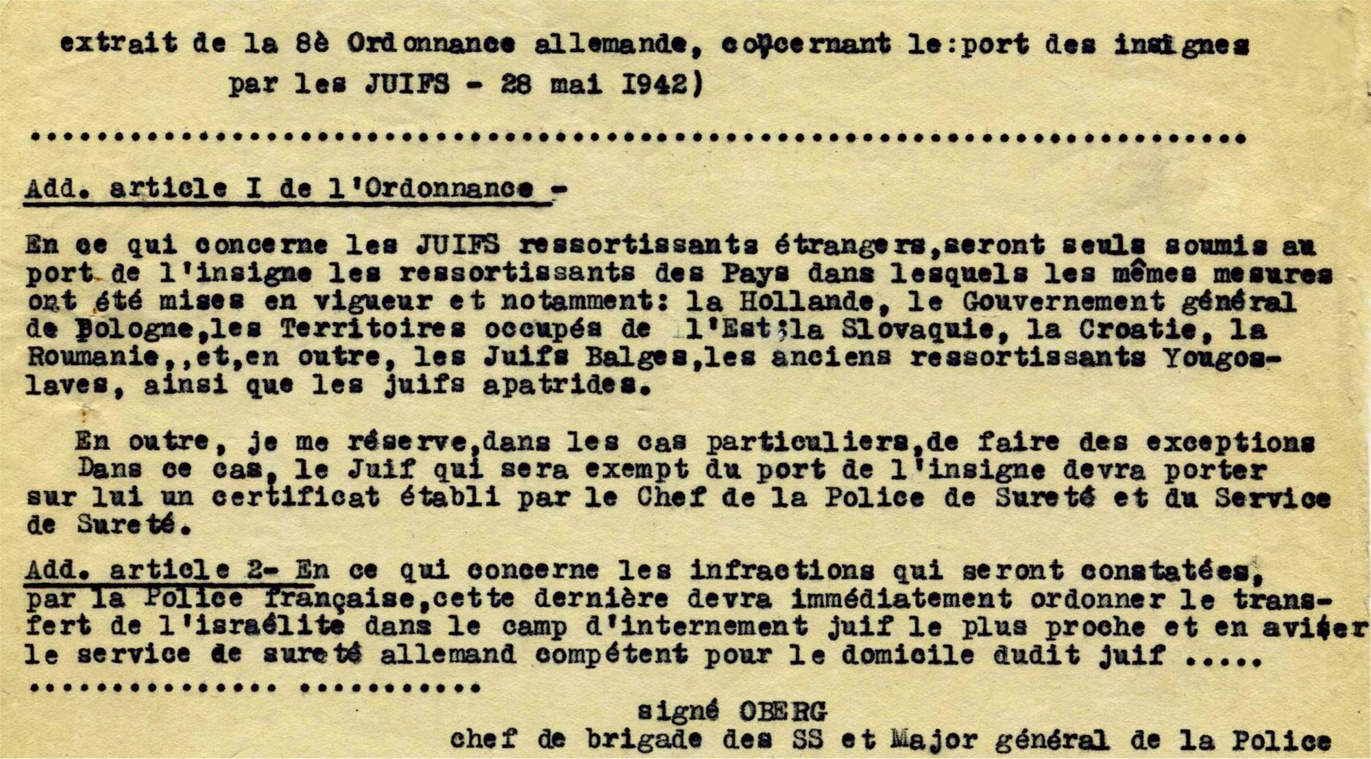 5H27 - Extrait de la 8e ordonnance allemande, 28 mai 1942. Coll. AMC