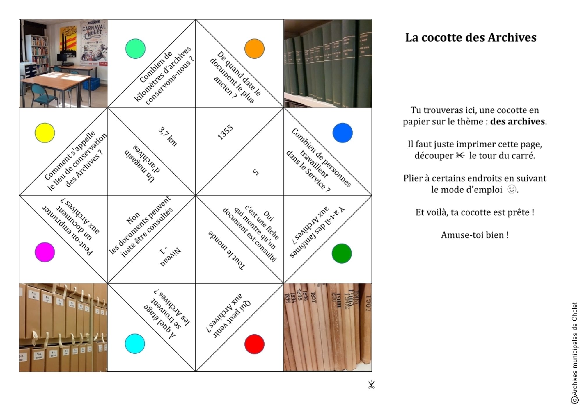 Jeu en papier à plier comportant des questions et des réponses sur le monde des Archives