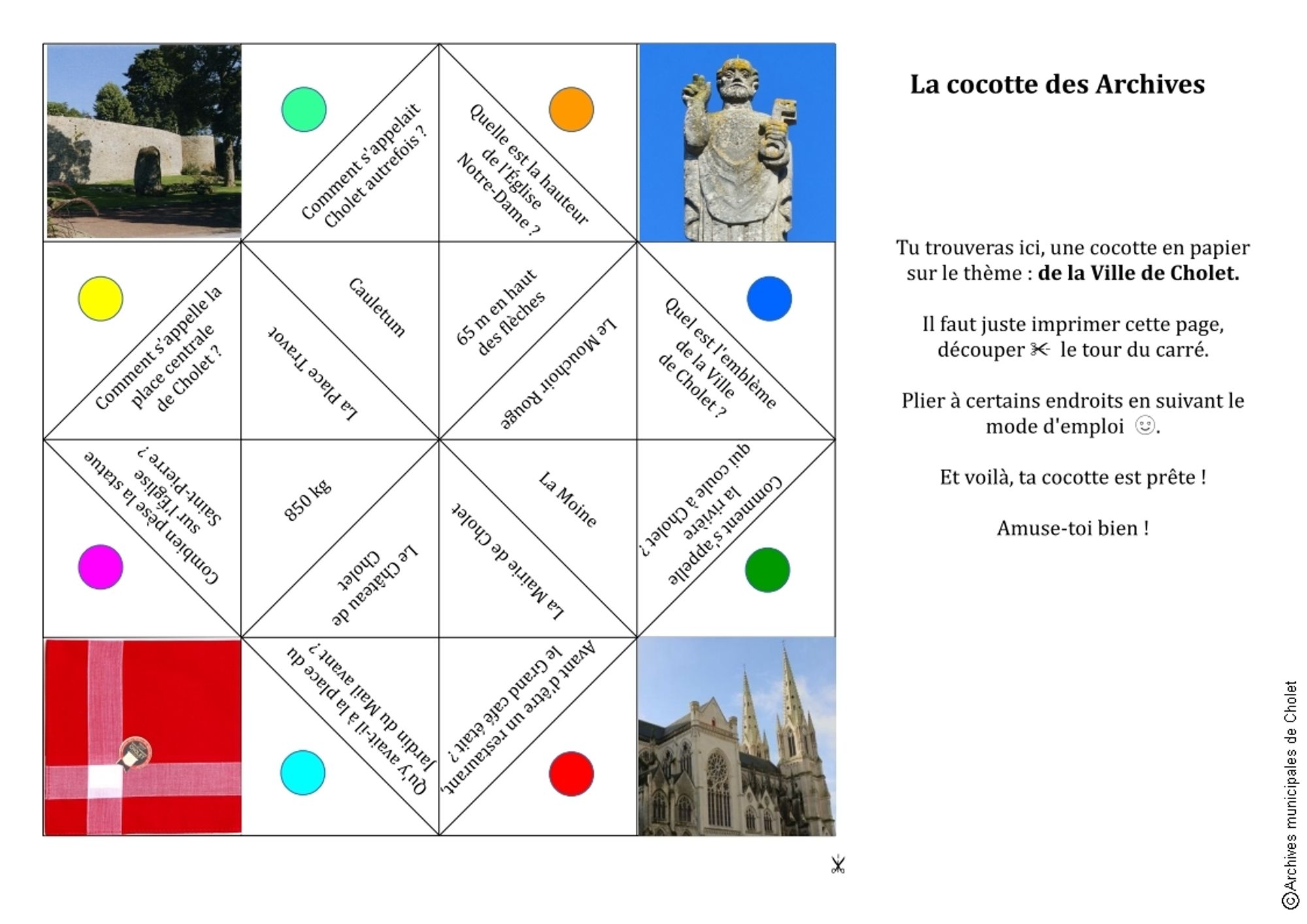 Jeu en papier à plier comportant des questions et des réponses sur Cholet