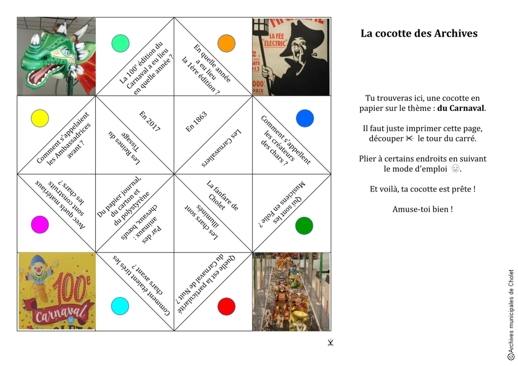 Jeu en papier à plier comportant des questions et des réponses sur le Carnaval de Cholet