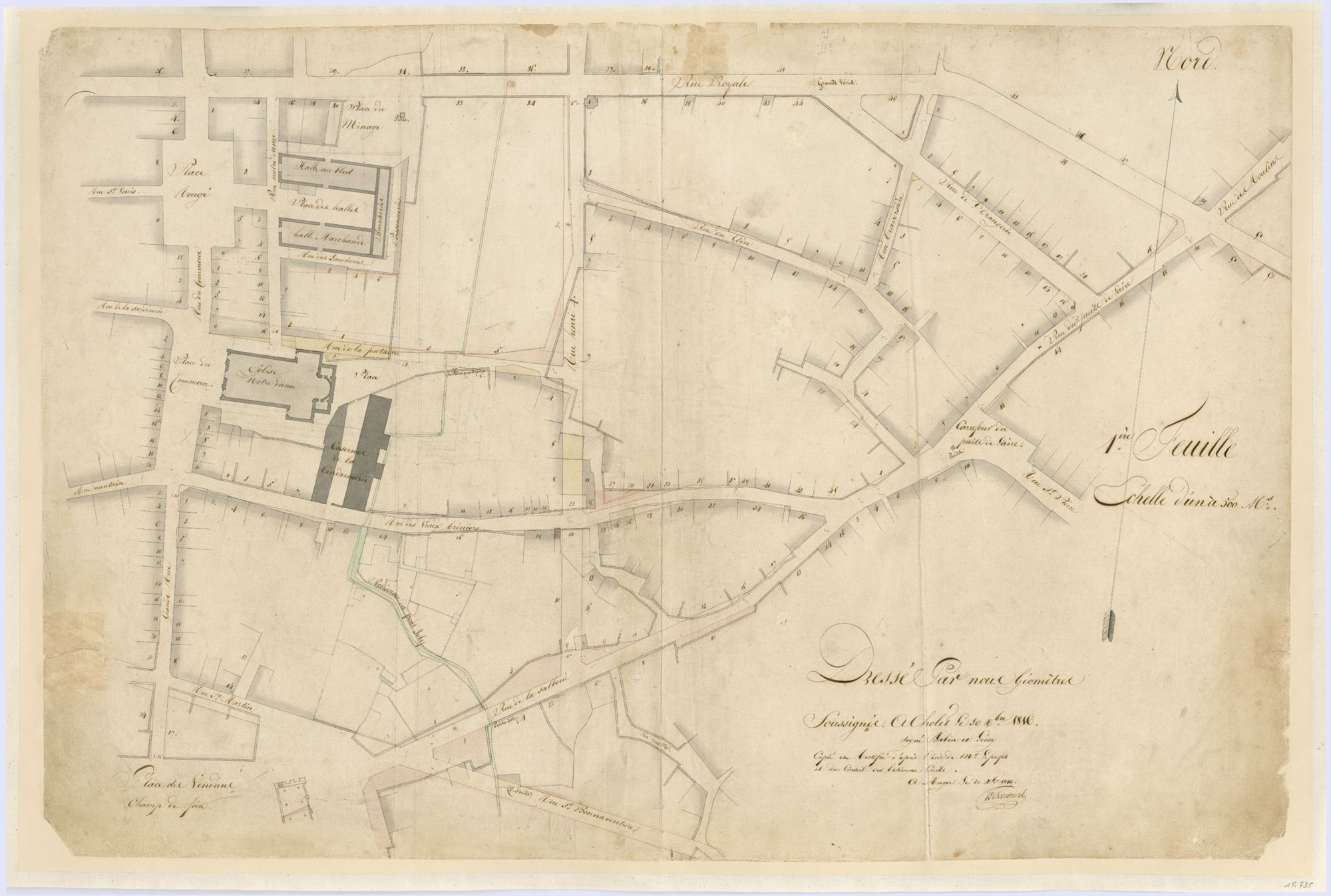 1Fi735 - Plan parcellaire, 1e feuille, quartiers du Coin et du Puits de l'Aire. Babin et Lecoy, géomètres, 1816. Coll. AMC