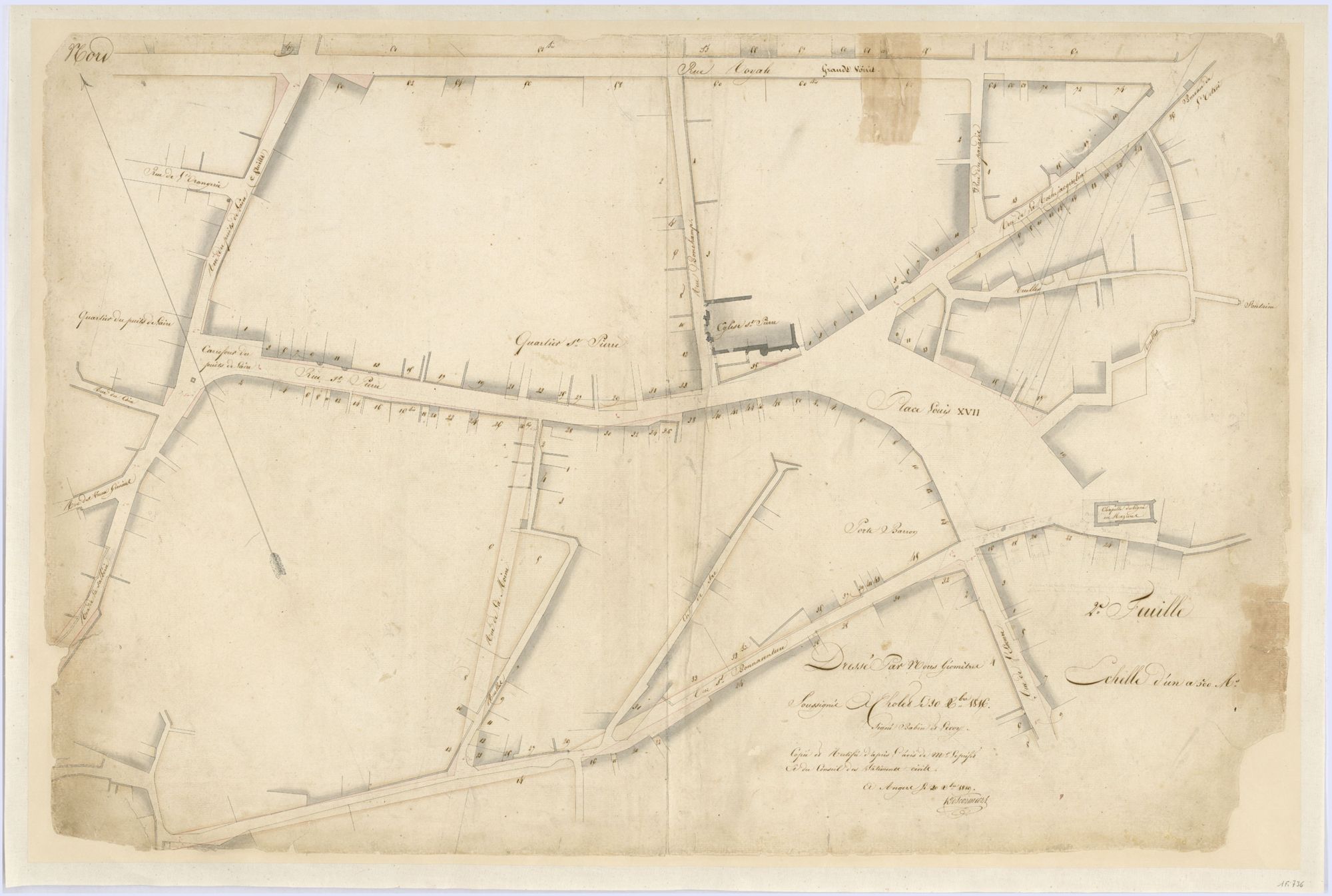 1Fi736 - Plan parcellaire, 2e feuille, quartiers du Puits de l'Aire et de Saint-Pierre. Babin et Lecoy, géomètres, 1816. Coll. AMC