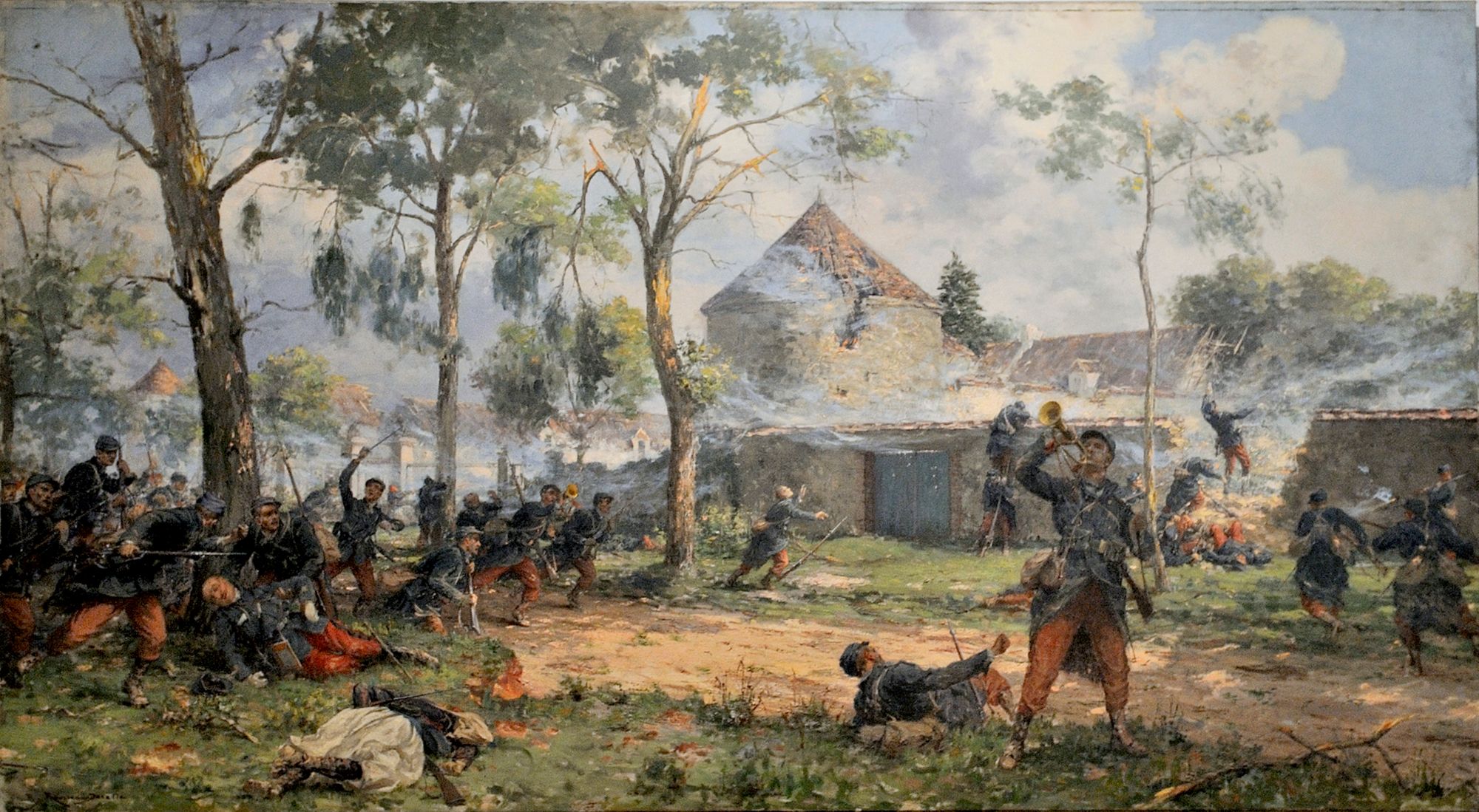 Prise du château de Mondement en septembre 1914 par le 77e Régiment d'Infanterie, René-Achille Rousseau-Decelle. Aquarelle. Coll. Musée d'Art et d'Histoire de Cholet