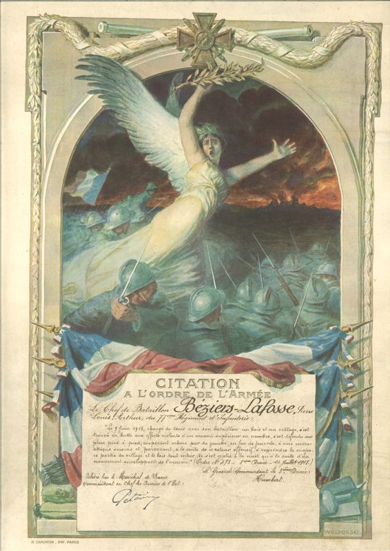 Citation à l'ordre de Pierre Béziers-Lafosse, chef de bataillon du 77e Régiment d'Infanterie, 1918. Coll. Musée d'Art et d'Histoire de Cholet