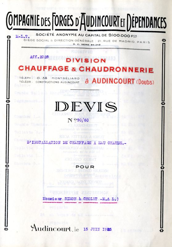 8J91 - Devis des Forges d'Audincourt, 1925. Coll. AMC