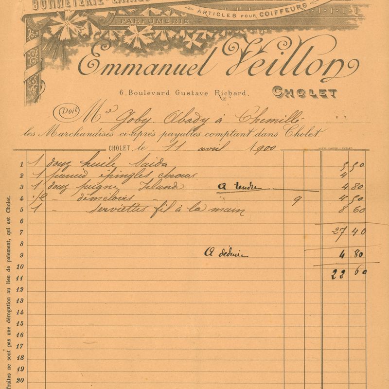 1J123 - Lettre à en-tête de la mercerie Veillon, 1900. Coll. AMC