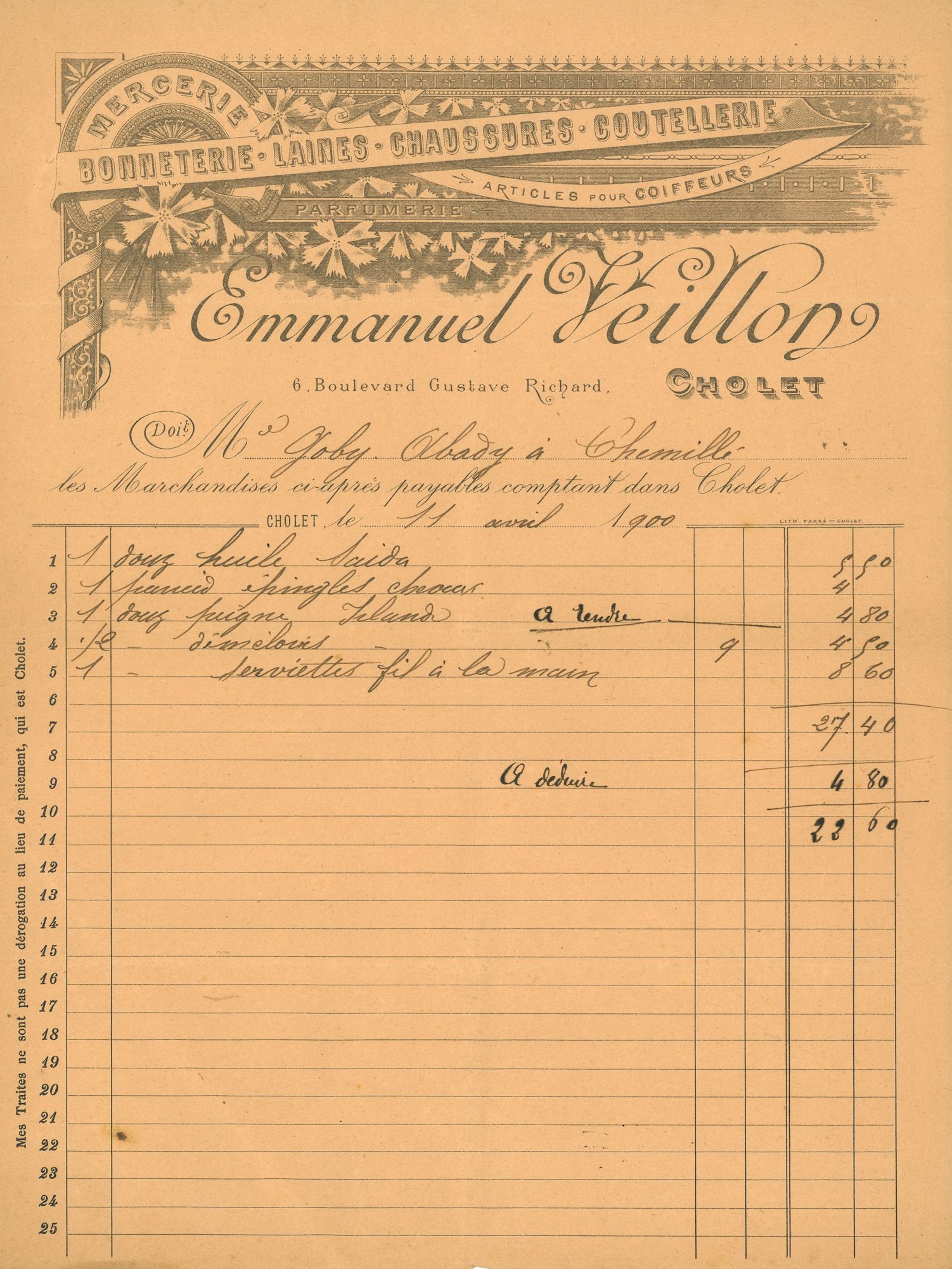 1J123 - Lettre à en-tête de la mercerie Veillon, 1900. Coll. AMC