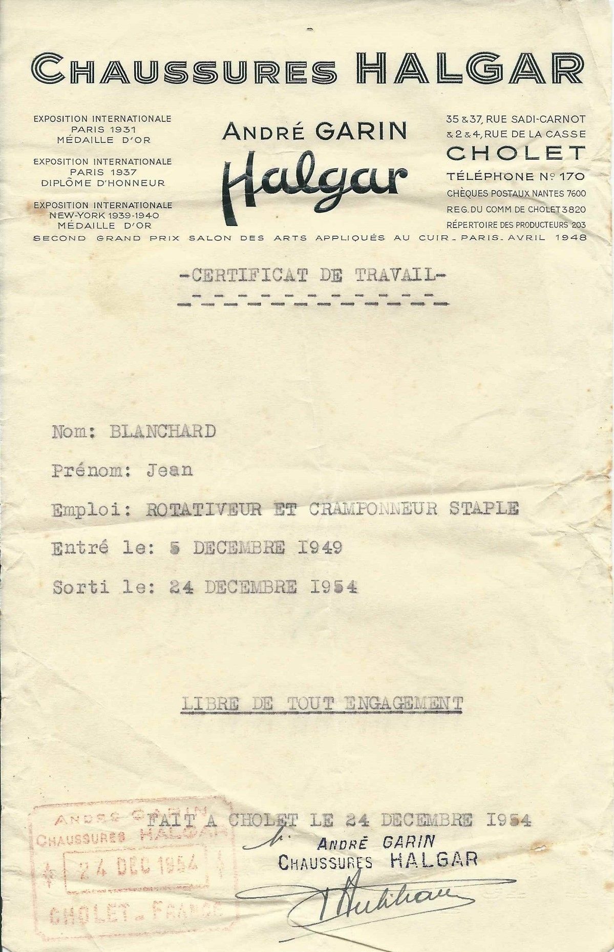 6Num55 - Lettre à en-tête de l'entreprise de chaussures Halgar, 1954. Coll. AMC