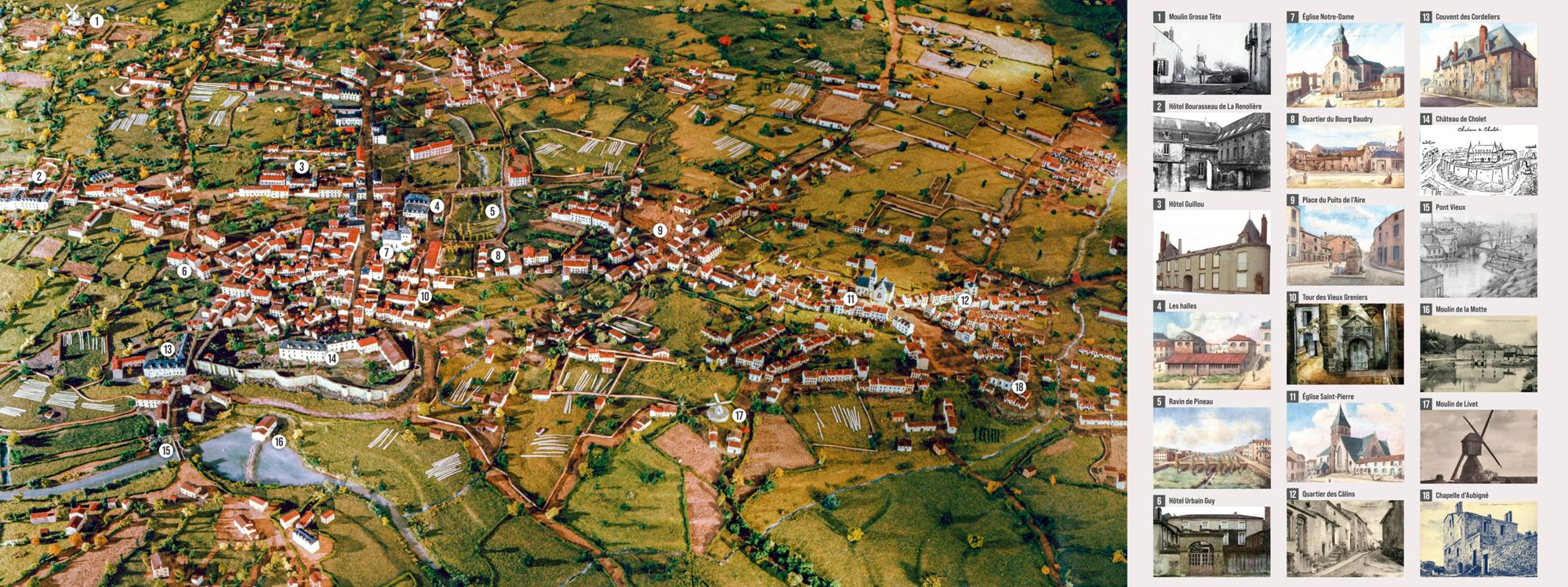 Représentation de Cholet en 1793 avec la localisation des sites et édifices remarquables. 