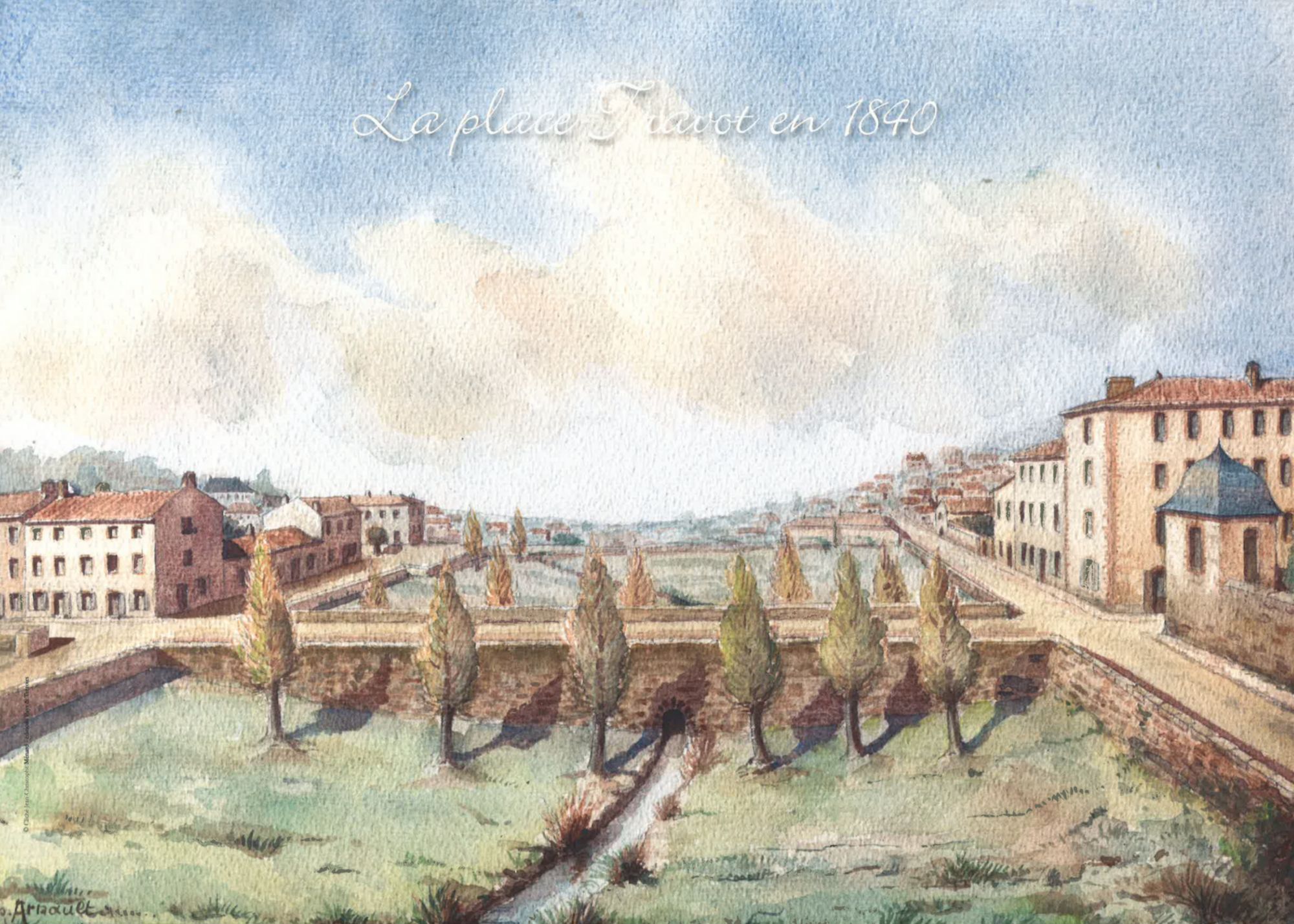 Place Travot. 1840. Cholet. Aquarelle de Charles ARNAULT.