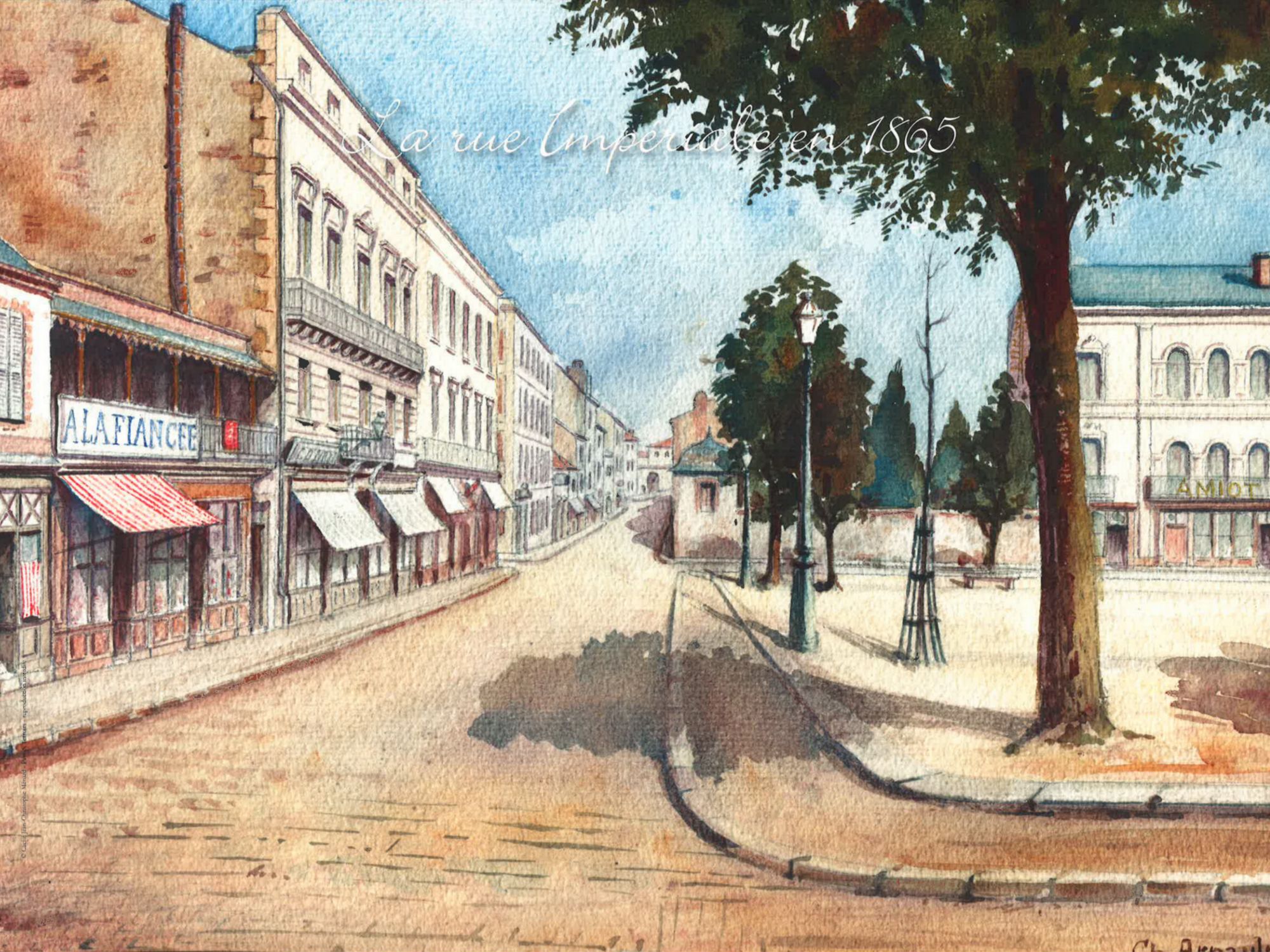 Rue Impériale et place Travot. 1865. Cholet. Aquarelle de Charles ARNAULT.  