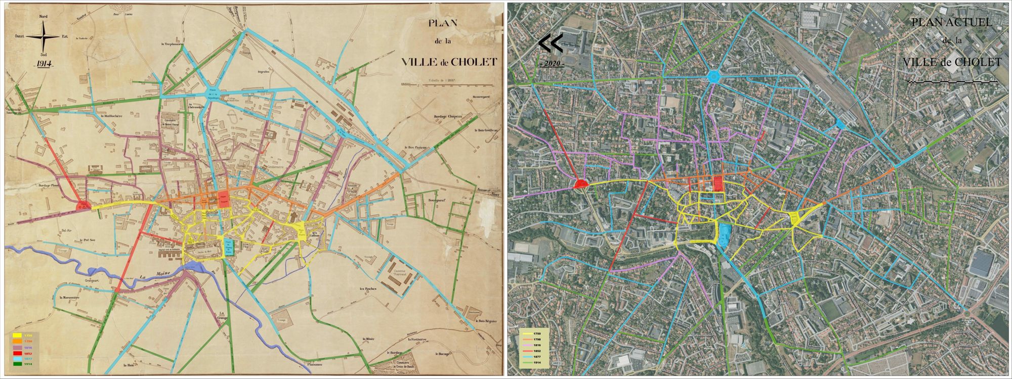 Évolution urbanistique de la Ville de Cholet à partir de plans d'ensemble. 1914 et 2020.   