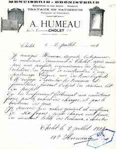 1J30/29 - Facture A. Humeau, rue du Commerce, menuiserie-ébénisterie, 1914. Coll. AMC