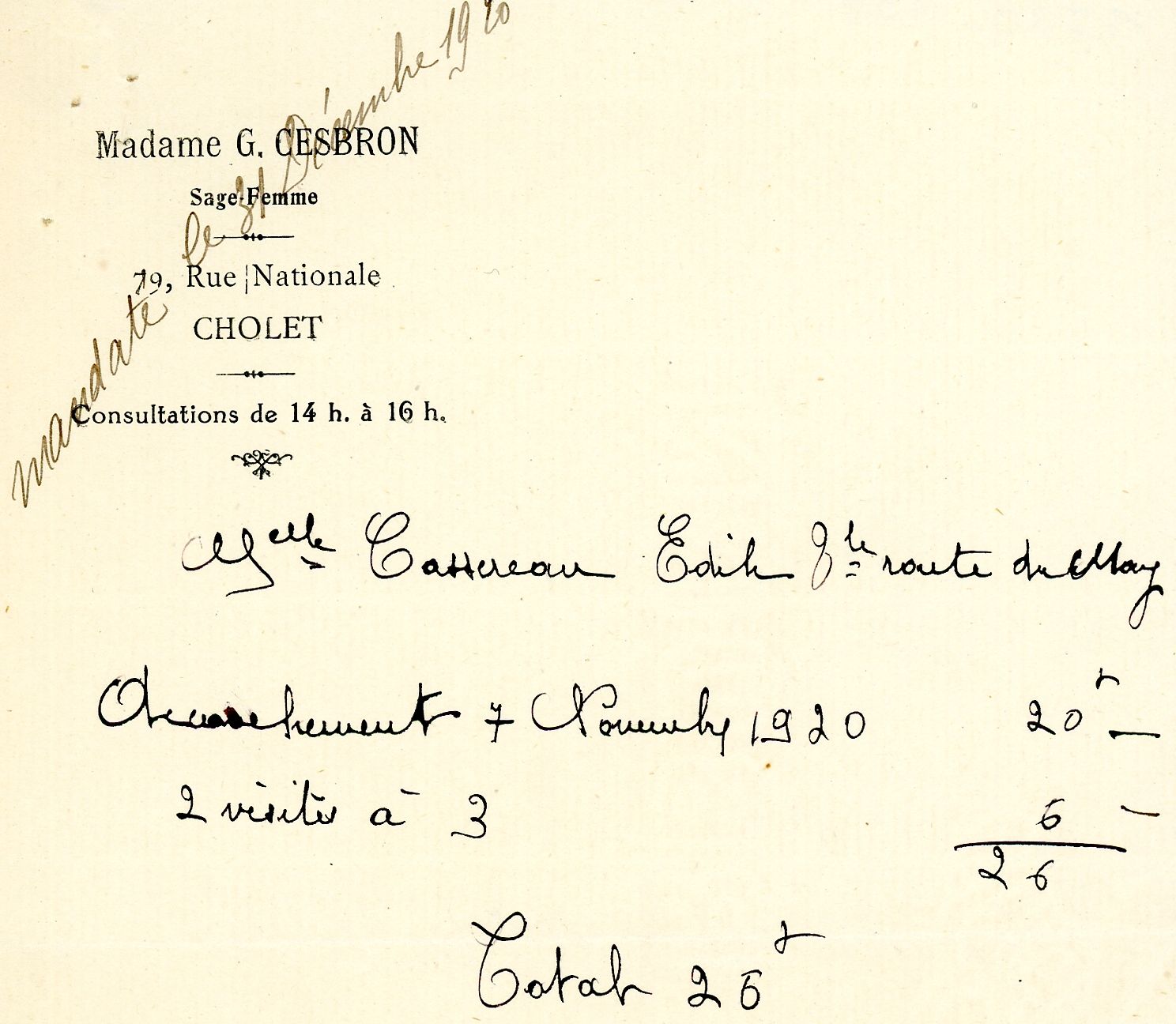 1J30/198 - En-tête de G. Cesbron, sage-femme, 1920. Coll. AMC 