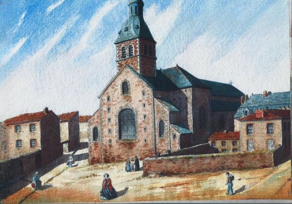 Aquarelle de Charles Arnault, à gauche, la caserne ! Album  "Les aquarelles Charles Arnault du Cholet disparu". Editions Pays et Terroirs. Cholet. 2019