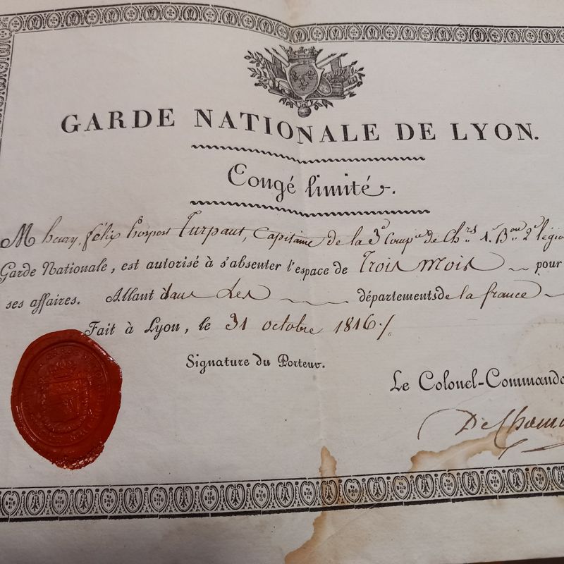 1J129 - Certificat de congé militaire, 1816. Coll. AMC