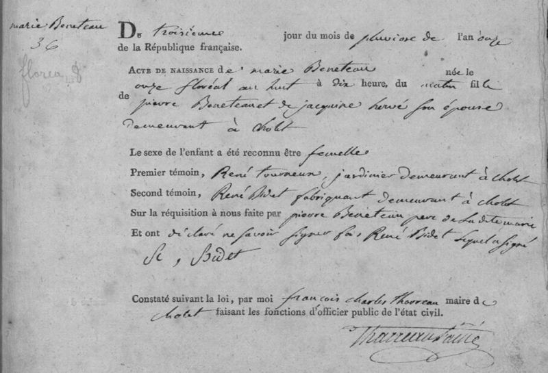 Acte de naissance, 1803 - Archives municipales de Cholet, 1E16