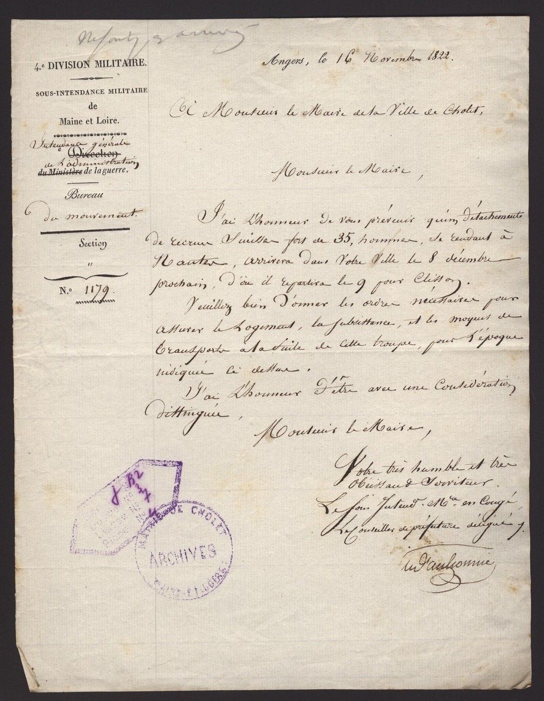 Lettre du sous-intendant de l'administration de la guerre. 1822. Coll. AMC. 2H7