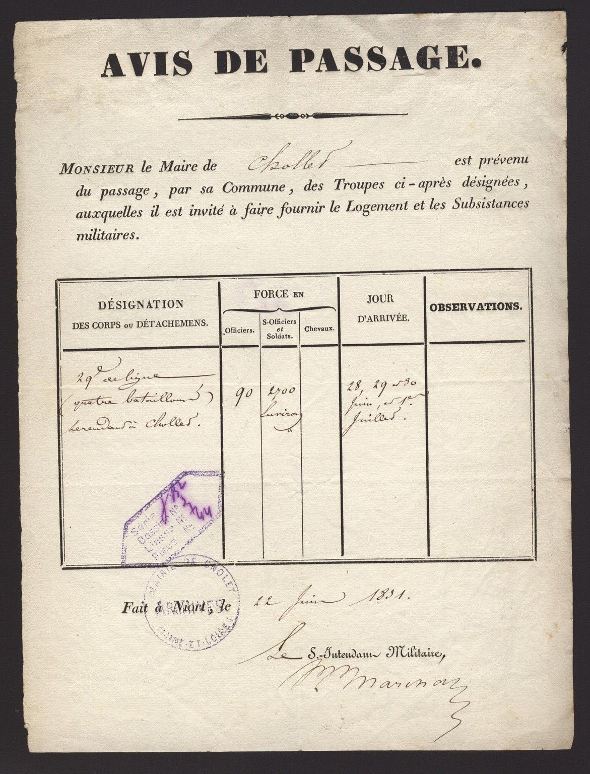 Avis de passage à Cholet du 29e de ligne. 1831. Coll. AMC - 2H7