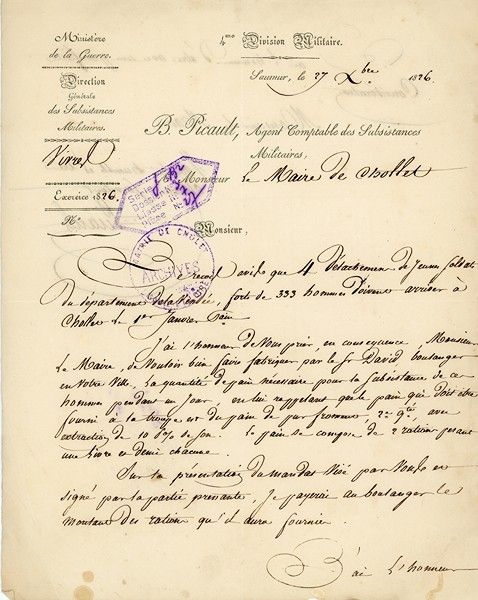 Lettre de l'agent comptable des subsitances militaires. 1826. Coll. AMC - 2H7