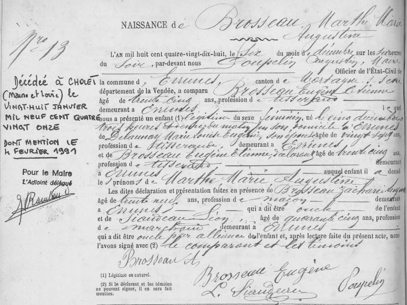 Acte de naissance, 1898 - Archives départementales de Vendée, AC85