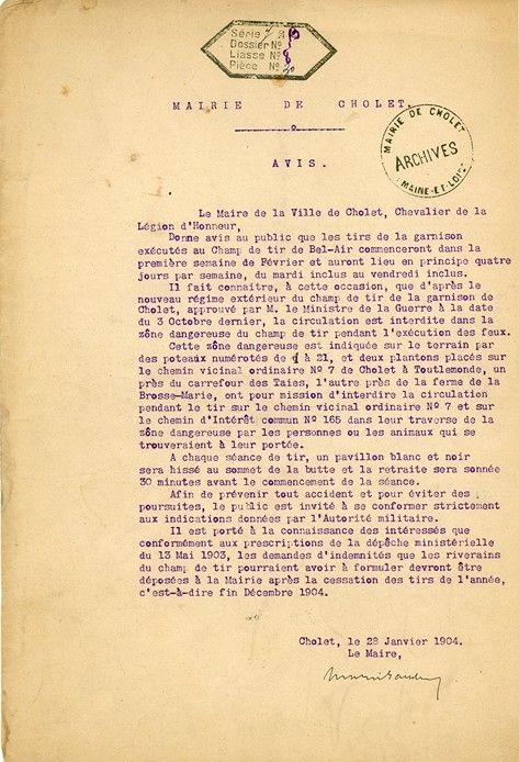 Avis du Maire concernant les exercices de tirs. 28 janvier 1904. Coll. AMC - 2H16.